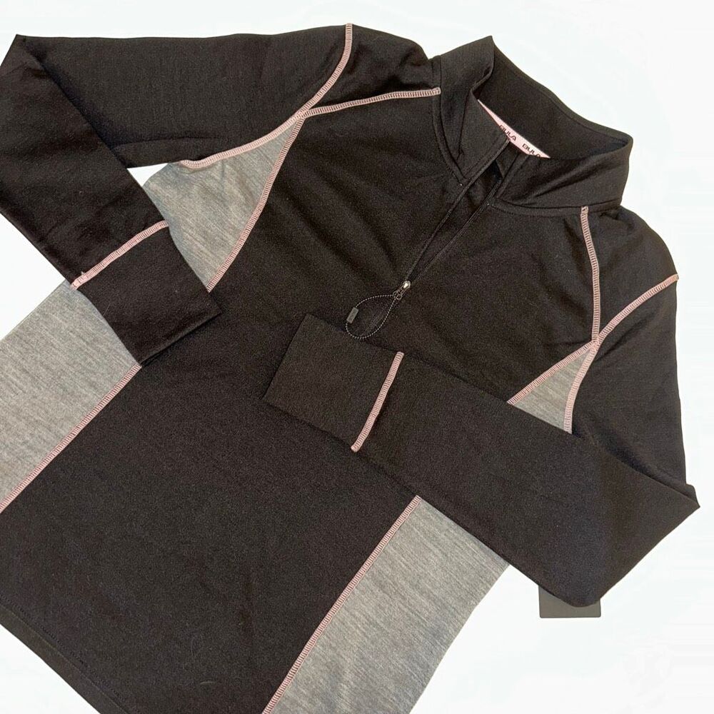 Bula Large Merino Wool Women Quarter Zip Active Long Sleeve Shirt Black Gray NWT